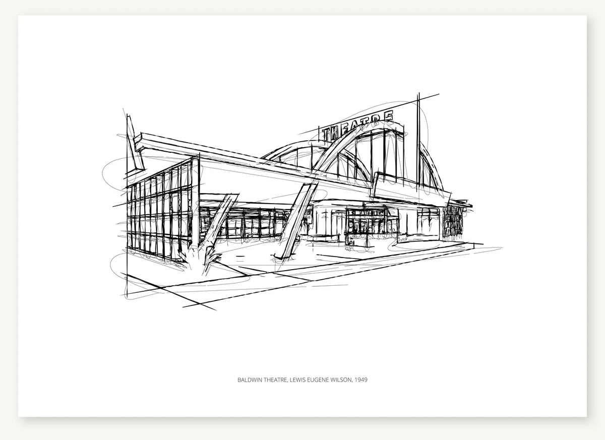 Black-and-white architectural sketch of Baldwin Theatre.