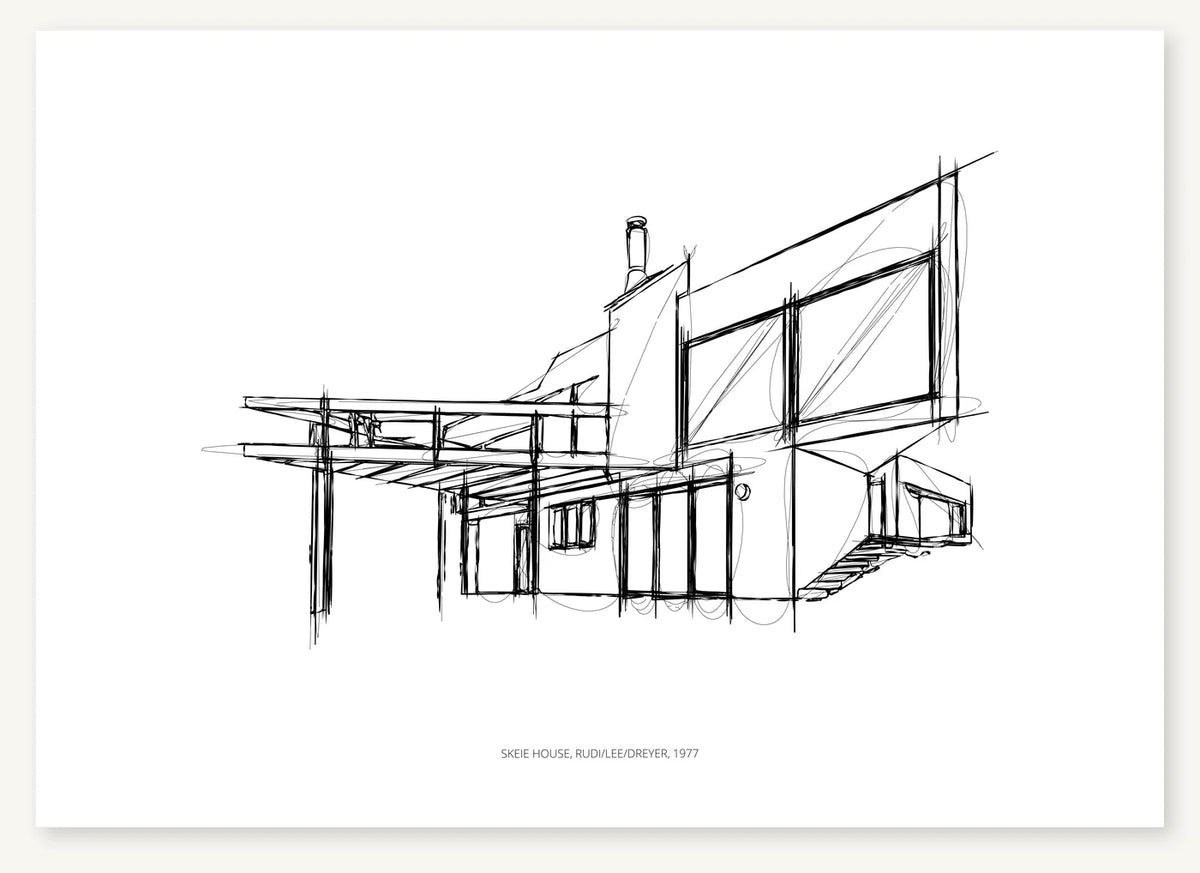 Black-and-white architectural sketch of Skeie House.