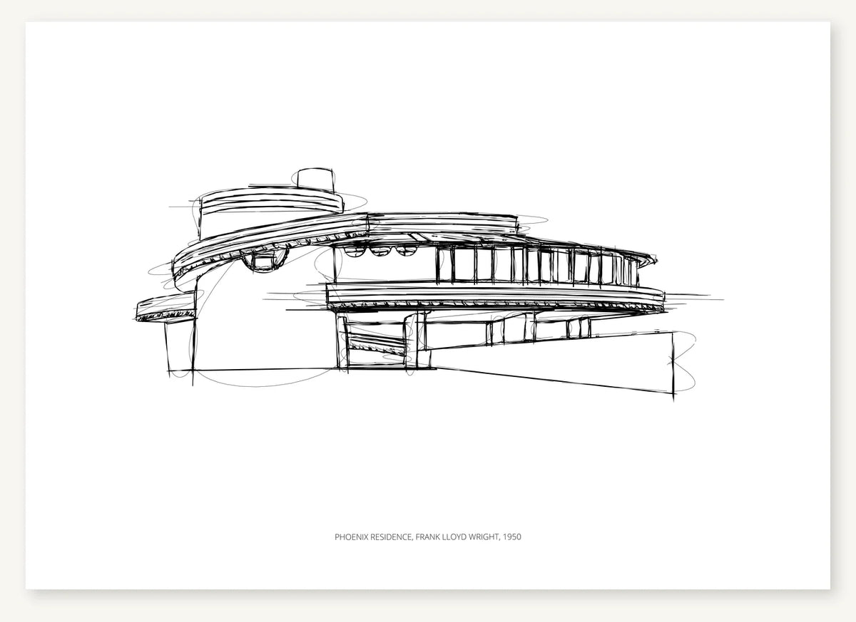 Black-and-white architectural sketch of Phoenix residence.