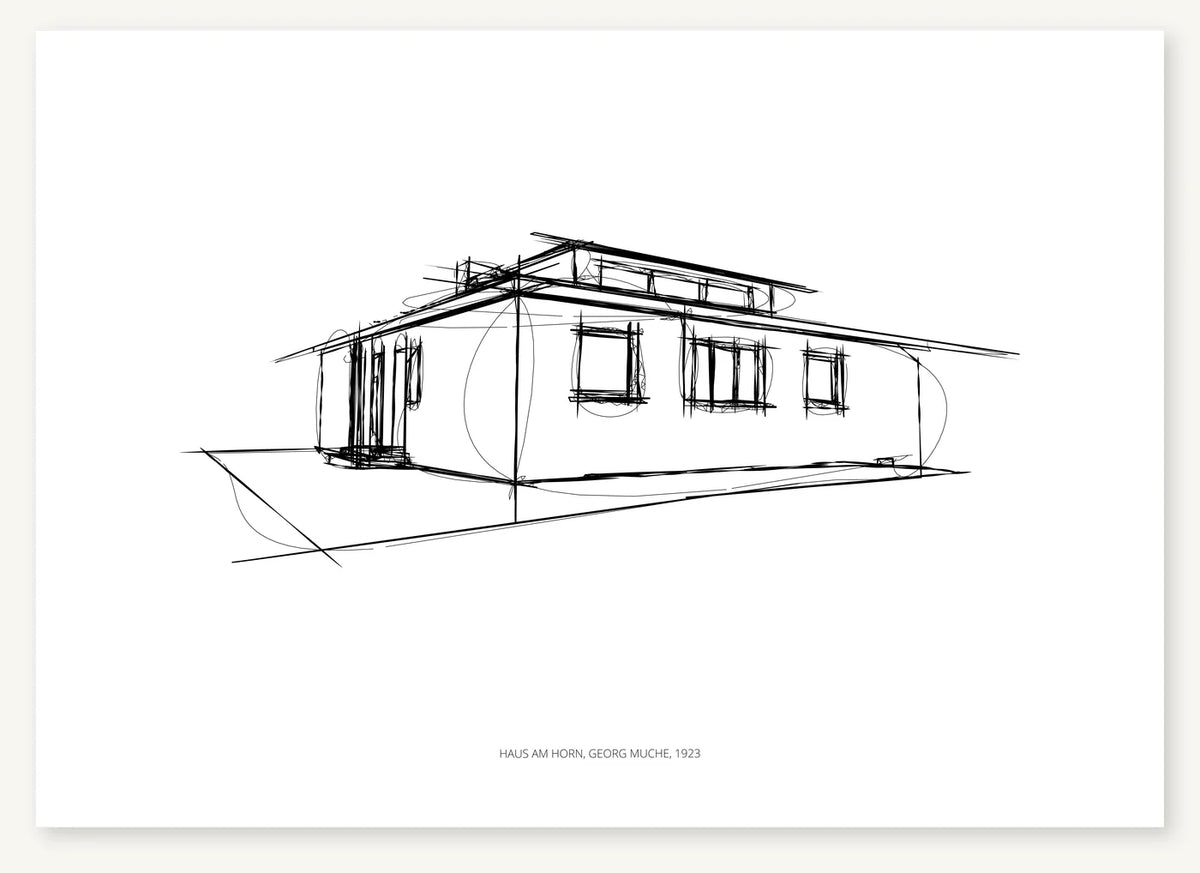 Black-and-white architectural sketch of Haus am Horn.