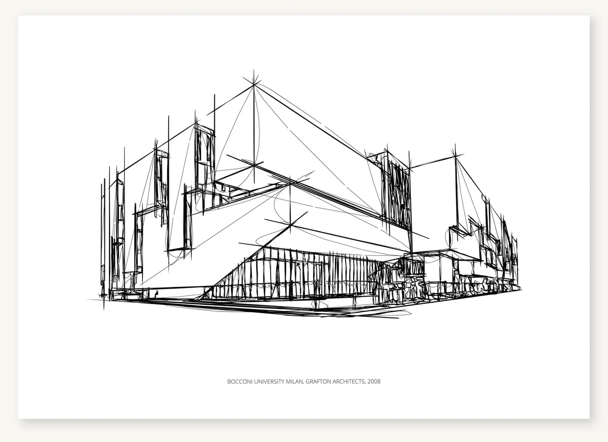 Black-and-white architectural sketch of Bocconi University Milan.