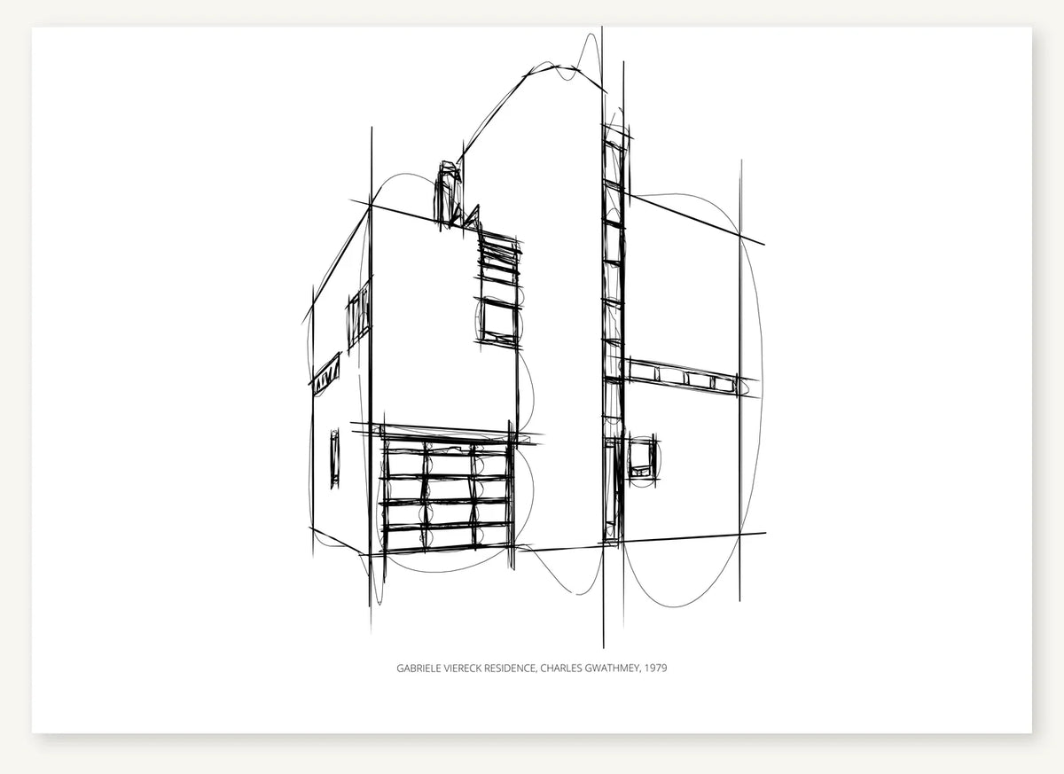 Black-and-white architectural sketch of Gabriele Viereck Residence.