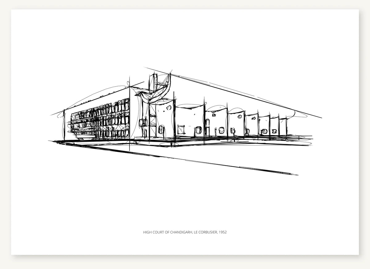 Black-and-white architectural sketch of High Court of Chandigarh.