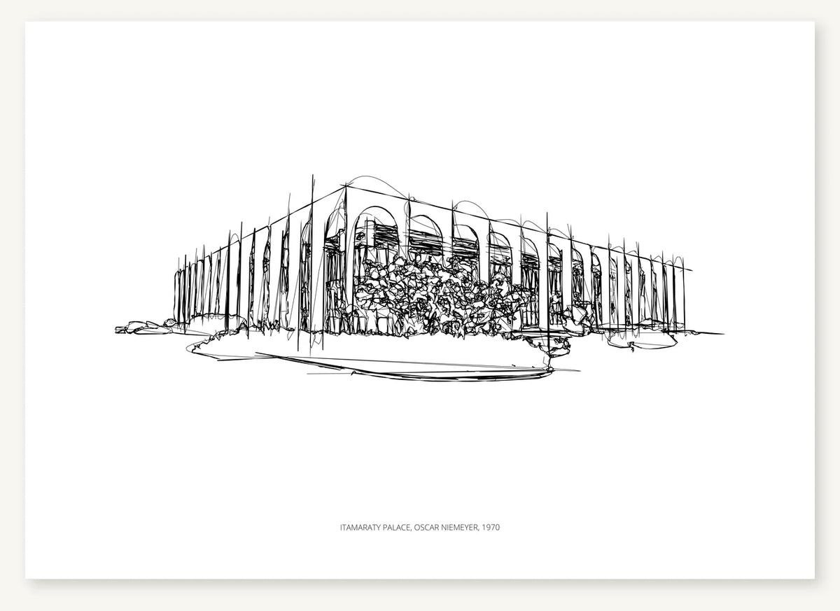 Black-and-white architectural sketch of Itamaraty Palace.