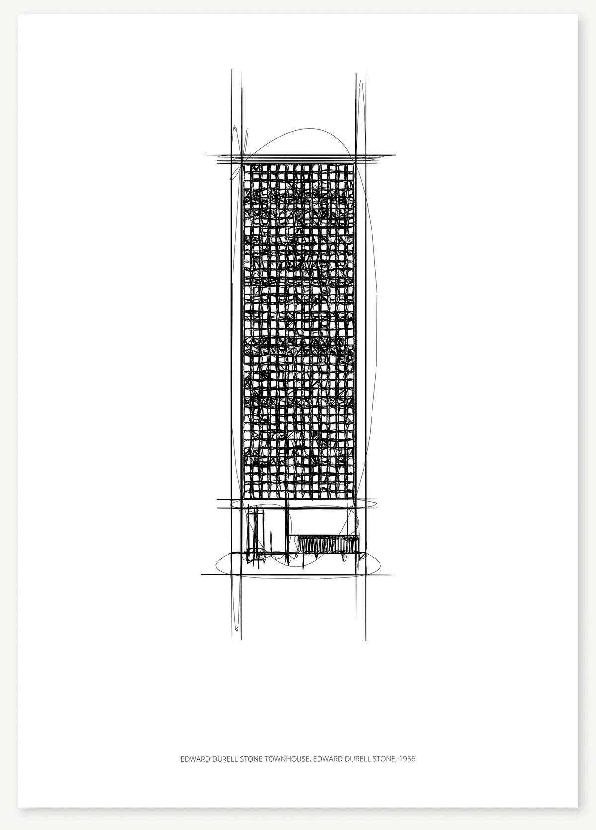 Black-and-white architectural sketch of Edward Durell Stone Townhouse.