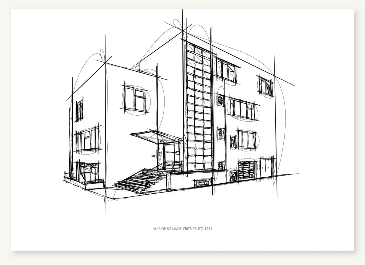 Black-and-white architectural sketch of Huis op de Linde.
