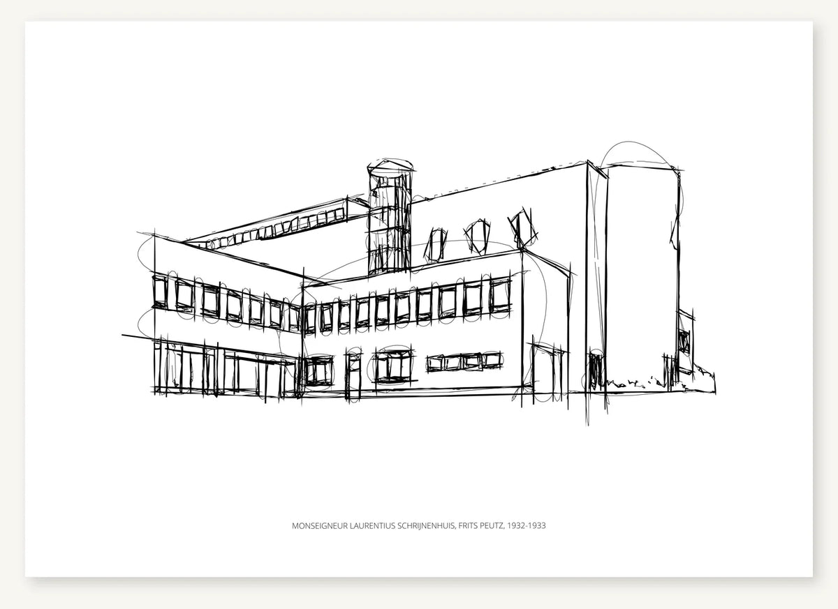 Black-and-white architectural sketch of Monseigneur Laurentius Schrijnenhuis.