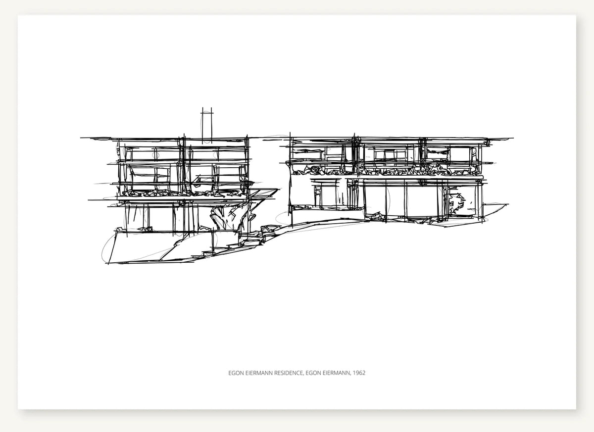 Black-and-white architectural sketch of Egon Eiermann Residence.