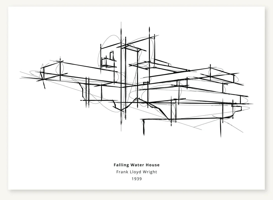 Black line sketch of Fallingwater with projecting horizontal terraces and tall central verticals on a white background.