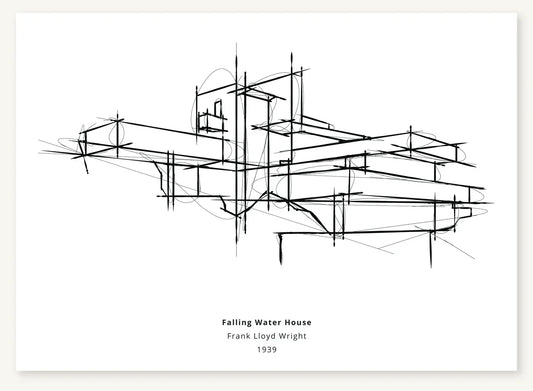 Black line sketch of Fallingwater with projecting horizontal terraces and tall central verticals on a white background.
