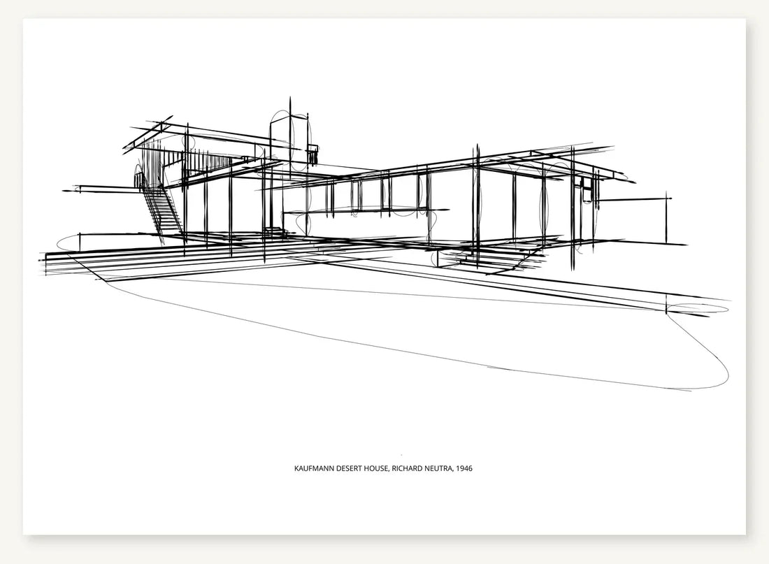 Black architectural line sketch of Kaufmann House, with extended horizontal rooflines, slender supports and steps.