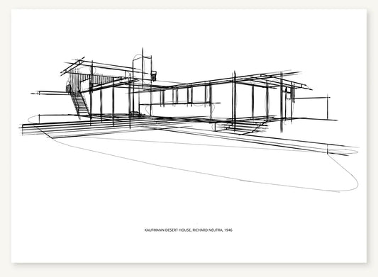 Black architectural line sketch of Kaufmann House, with extended horizontal rooflines, slender supports and steps.
