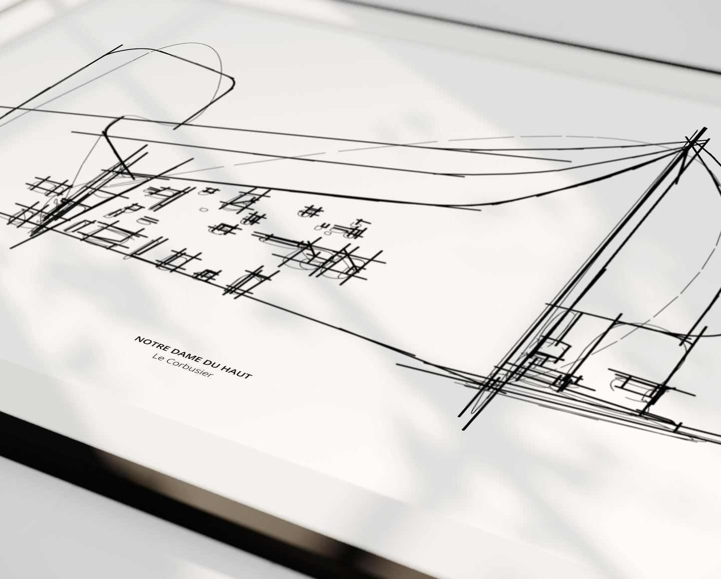 A close up picture of Le corbusier Notre Dame du Haut sketch wall art