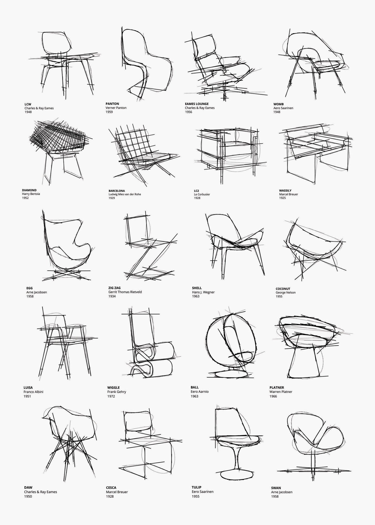 Mid Century Iconic Chairs drawing