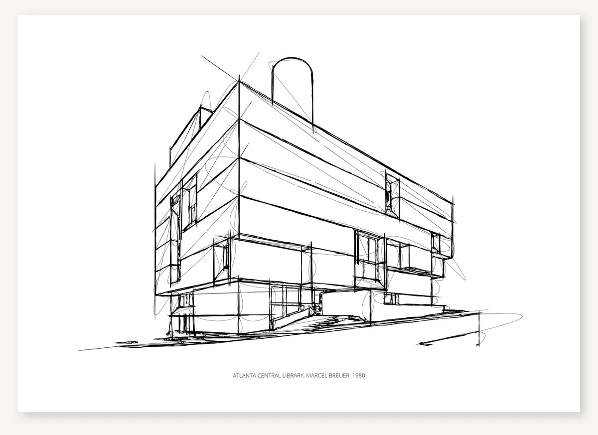 Black-and-white perspective sketch of Atlanta Central Library, with stacked projecting bands, irregular windows, a recessed base and loose extended lines.