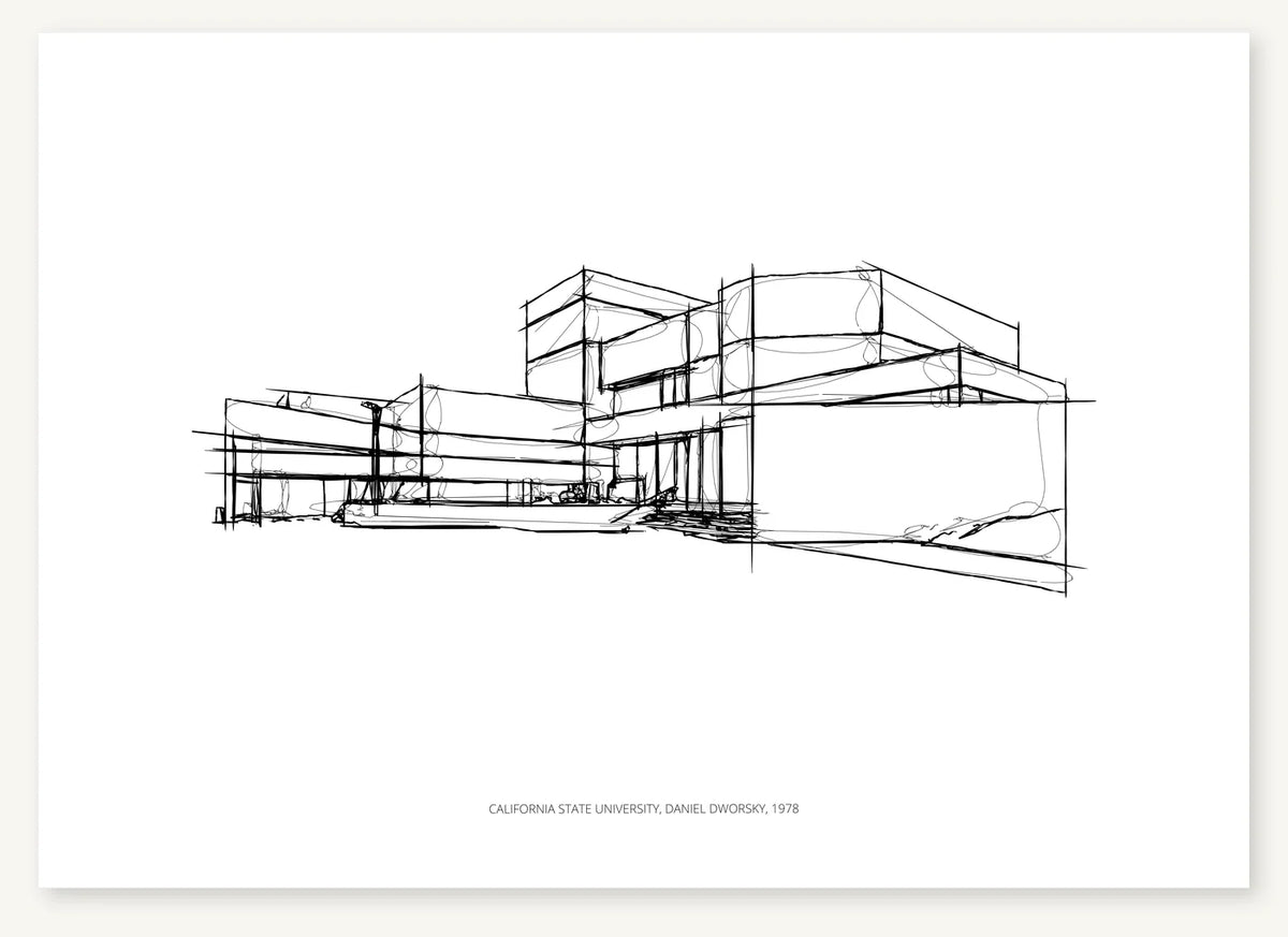 Black-and-white perspective sketch of a university theatre, with stepped block forms, low horizontal wings, a recessed entrance and loose extended lines.
