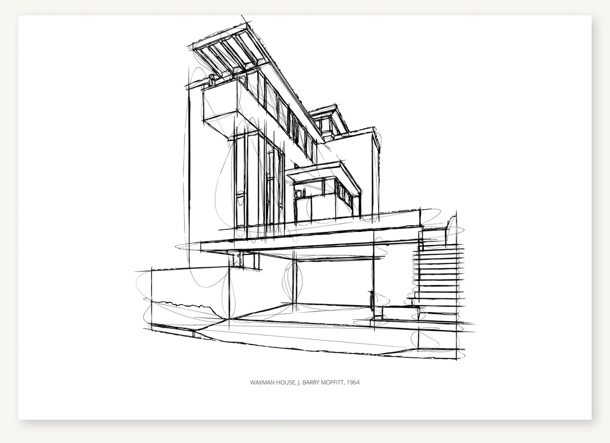 Black-and-white perspective sketch of Waxman House, with tall window divisions, projecting roof beams, layered terraces and an exterior stair on the right.