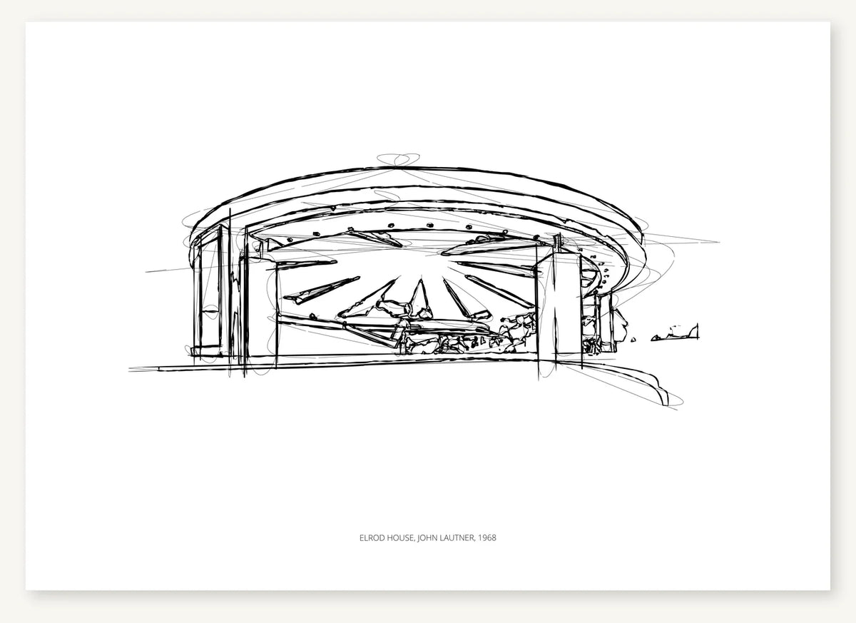 Black-and-white architectural sketch of Elrod House.