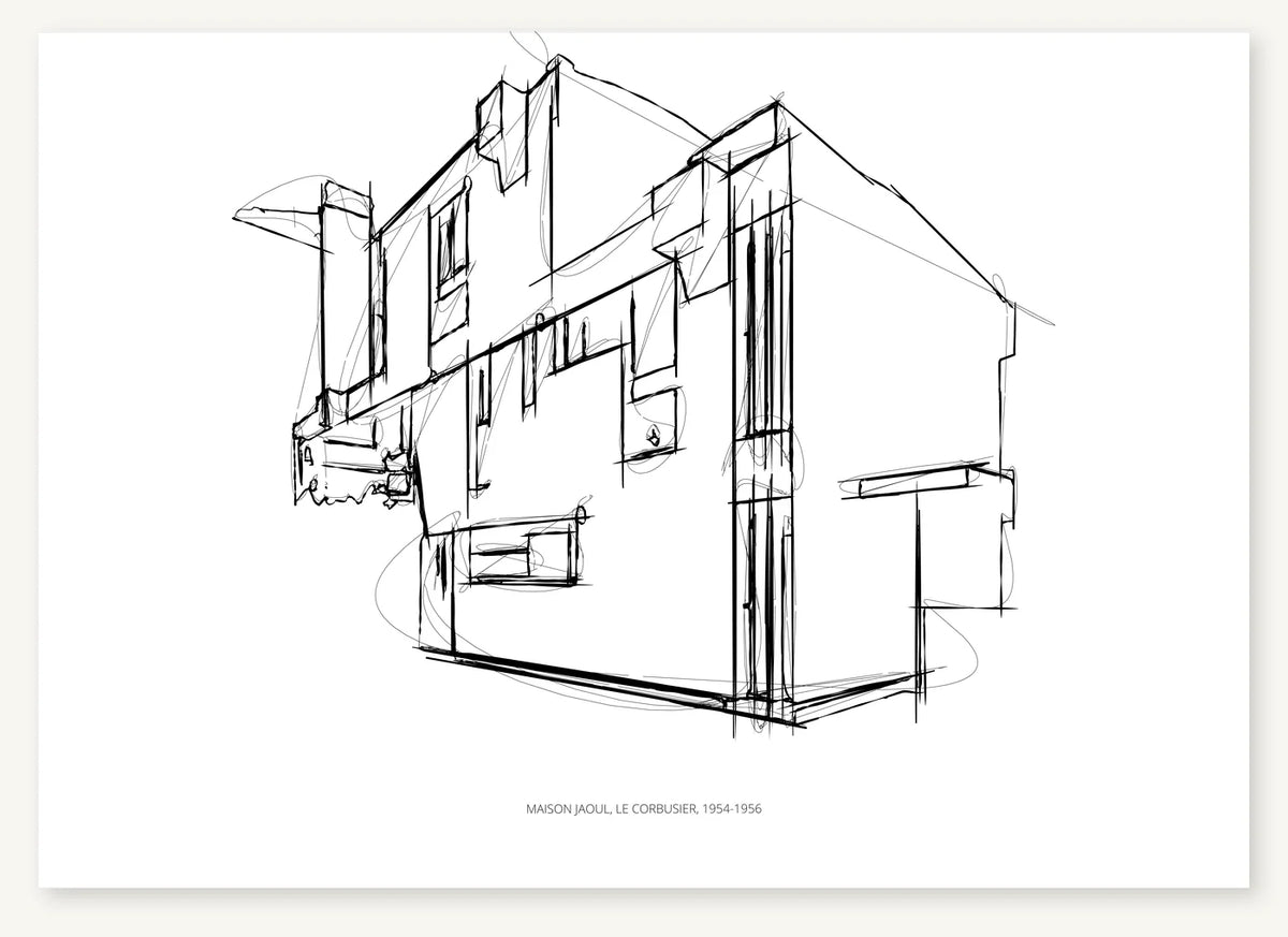 Black-and-white architectural sketch of Maison Jaoul.
