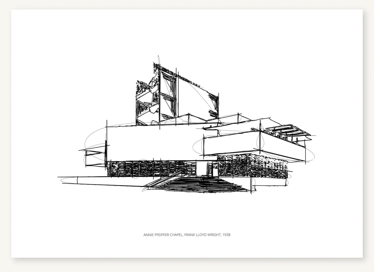 Black-and-white architectural sketch of Annie Pfeiffer Chapel.