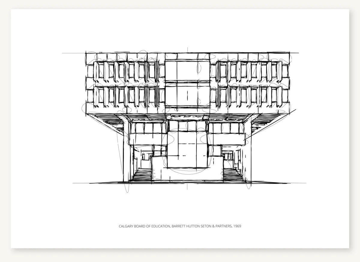 Black-and-white architectural sketch of Calgary Board of Education.