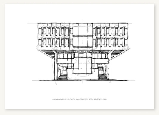 Black-and-white architectural sketch of Calgary Board of Education.
