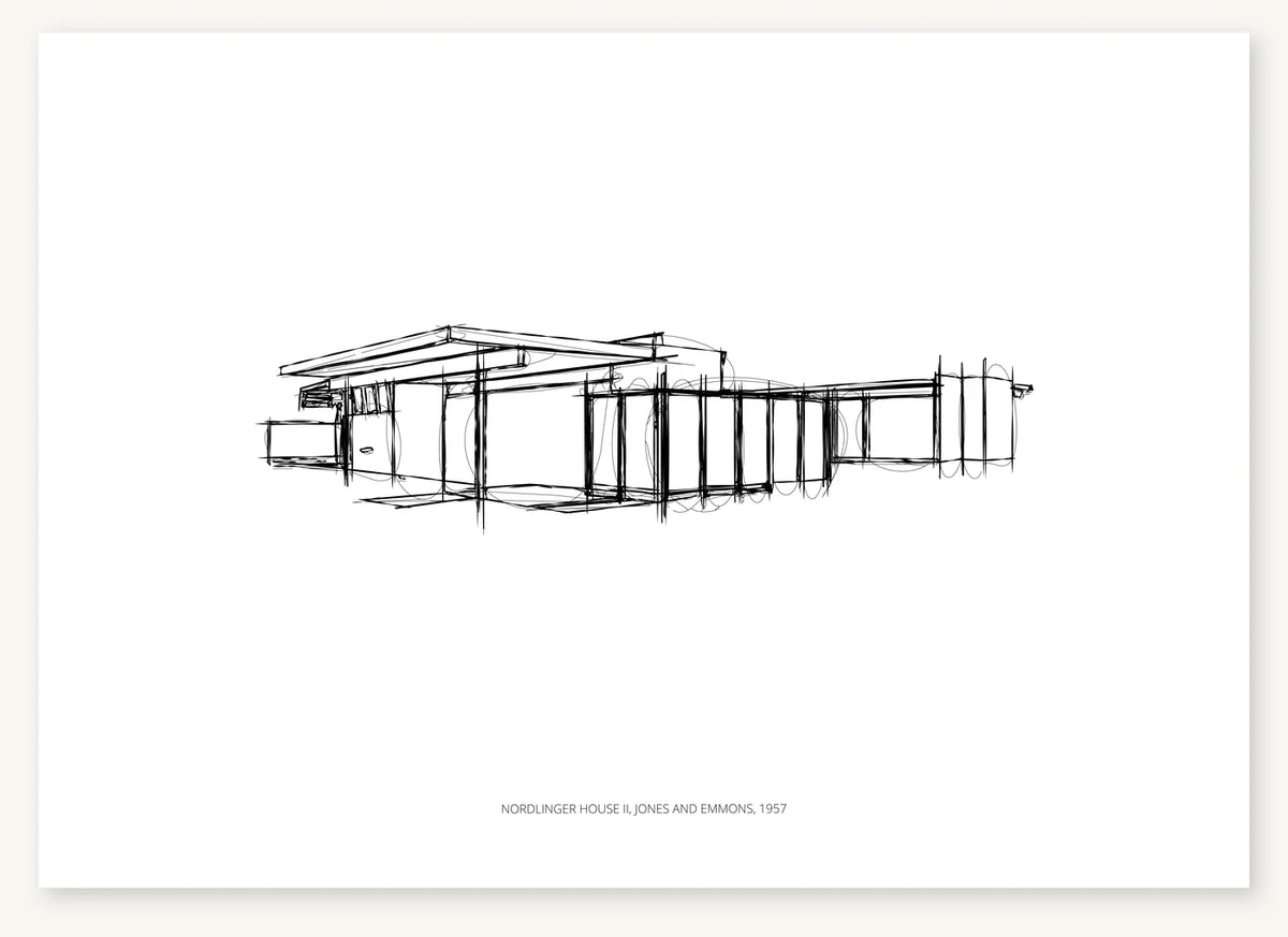 Black-and-white architectural sketch of Nordlinger House II.