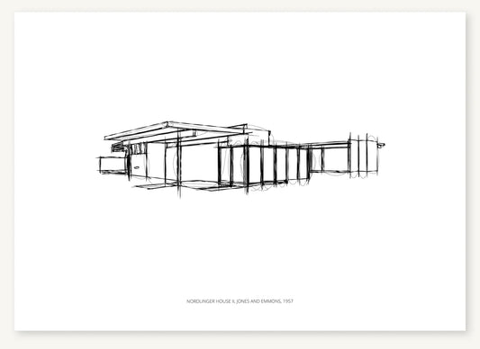 Black-and-white architectural sketch of Nordlinger House II.