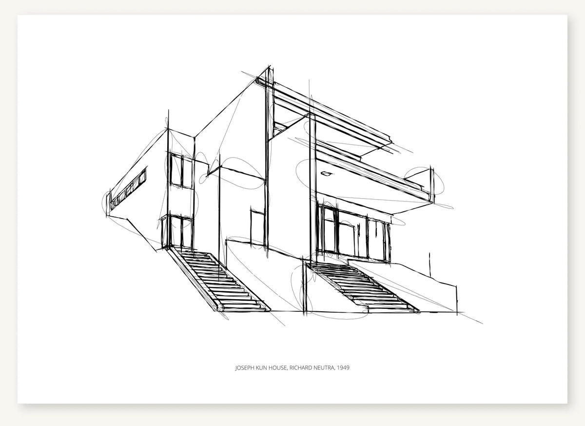 Black-and-white architectural sketch of Joseph Kun House.