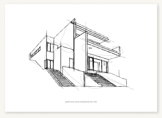 Black-and-white architectural sketch of Joseph Kun House.