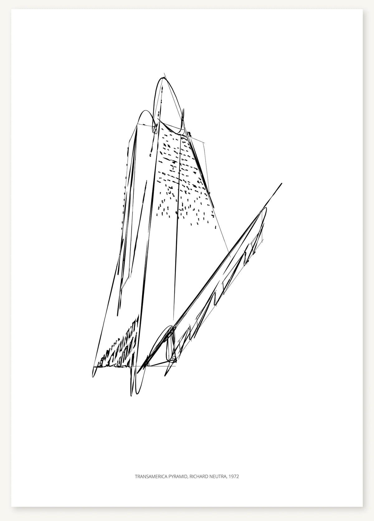 Black-and-white architectural sketch of Transamerica Pyramid.