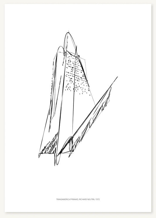 Black-and-white architectural sketch of Transamerica Pyramid.