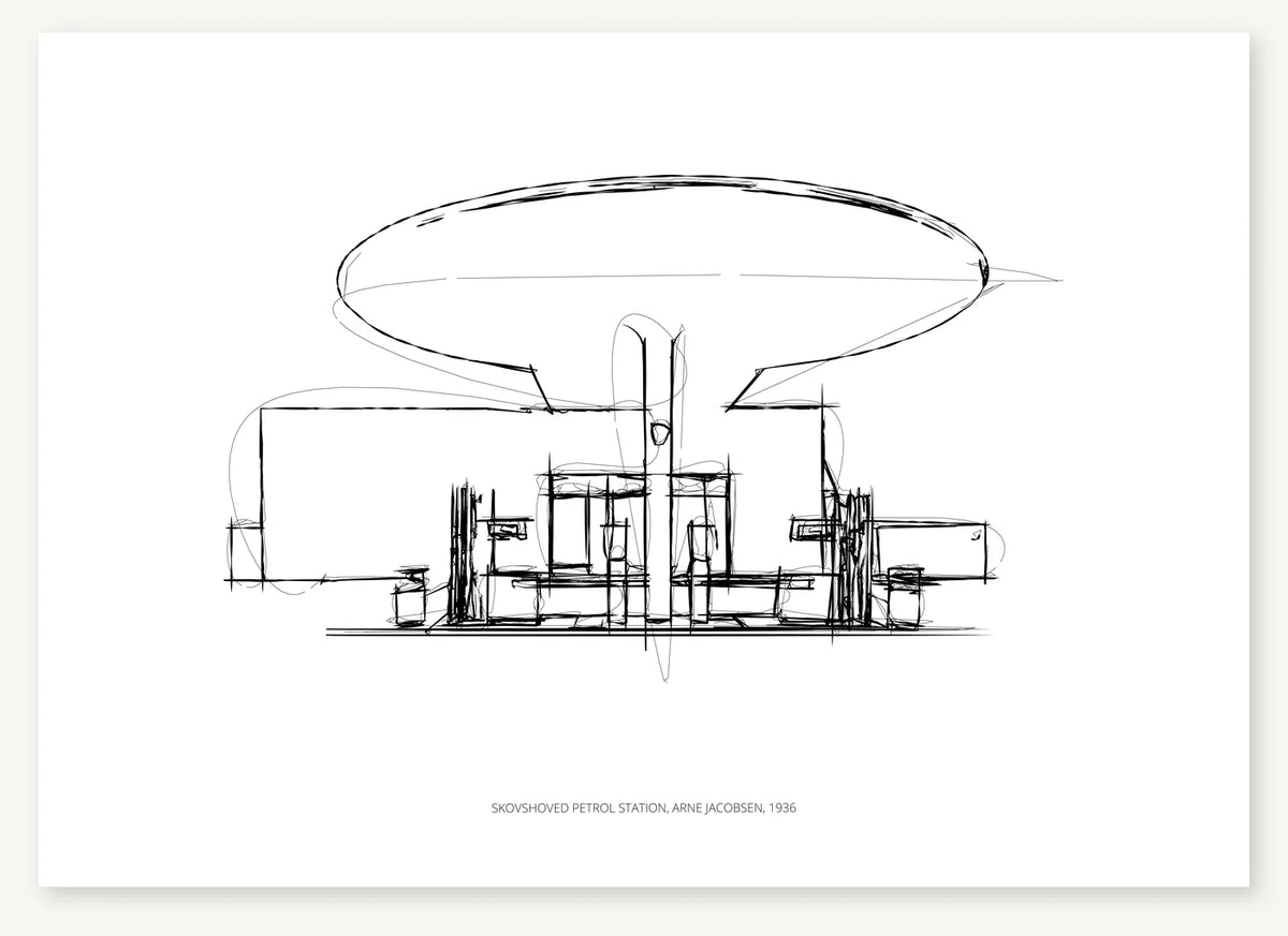 Black-and-white architectural sketch of Skovshoved Petrol Station.