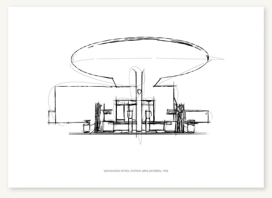 Black-and-white architectural sketch of Skovshoved Petrol Station.