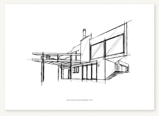 Black-and-white architectural sketch of Skeie House.