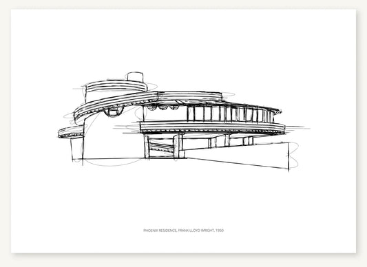 Black-and-white architectural sketch of Phoenix residence.
