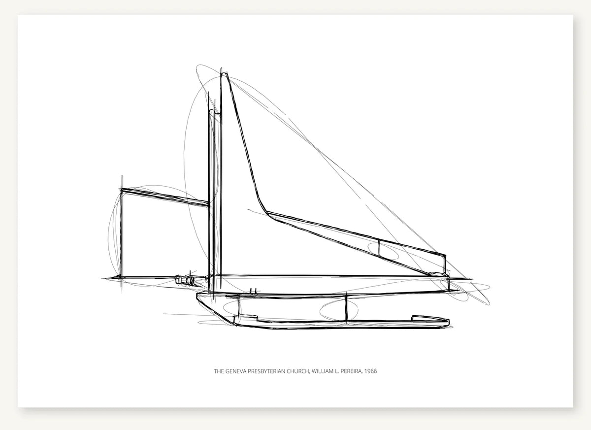 Black-and-white architectural sketch of The Geneva Presbyterian Church.