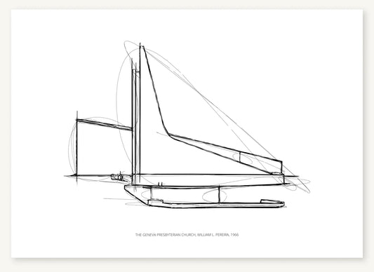 Black-and-white architectural sketch of The Geneva Presbyterian Church.