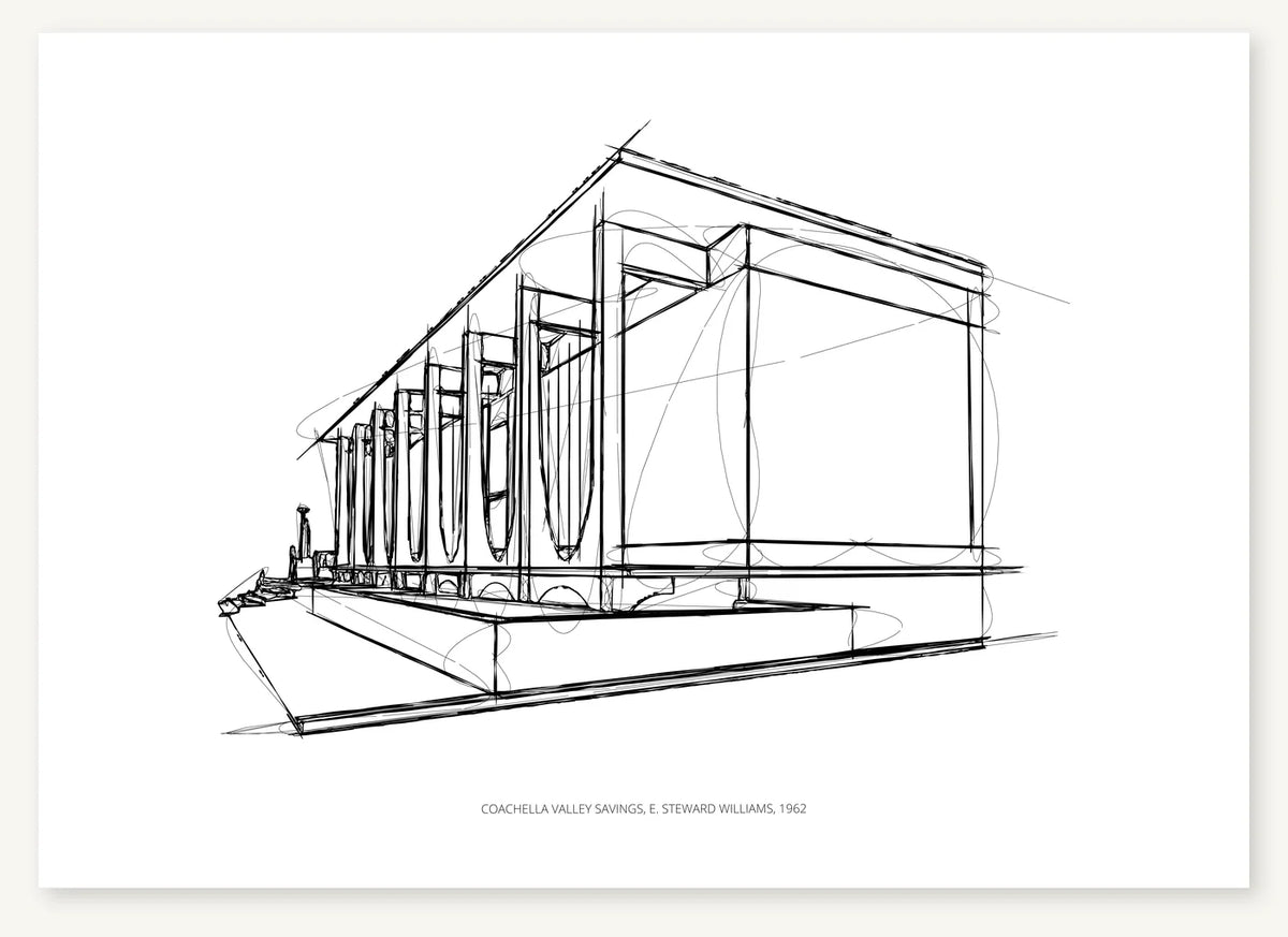Black-and-white architectural sketch of Coachella Valley Savings.