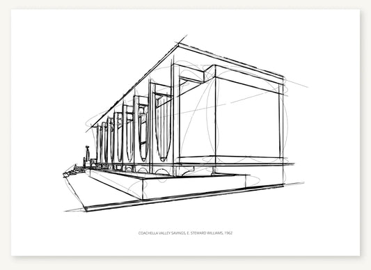 Black-and-white architectural sketch of Coachella Valley Savings.