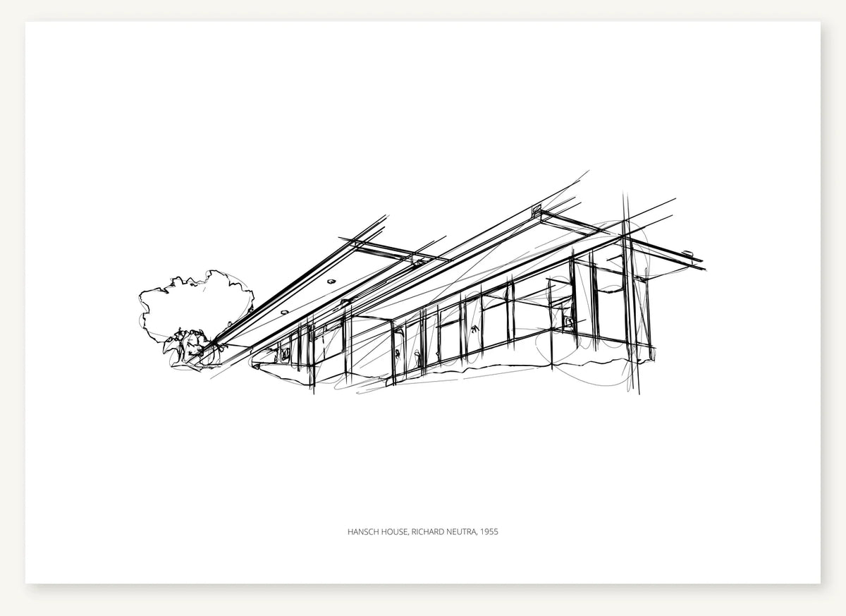 Black-and-white architectural sketch of Hansch house.