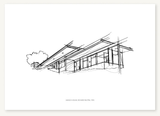 Black-and-white architectural sketch of Hansch house.