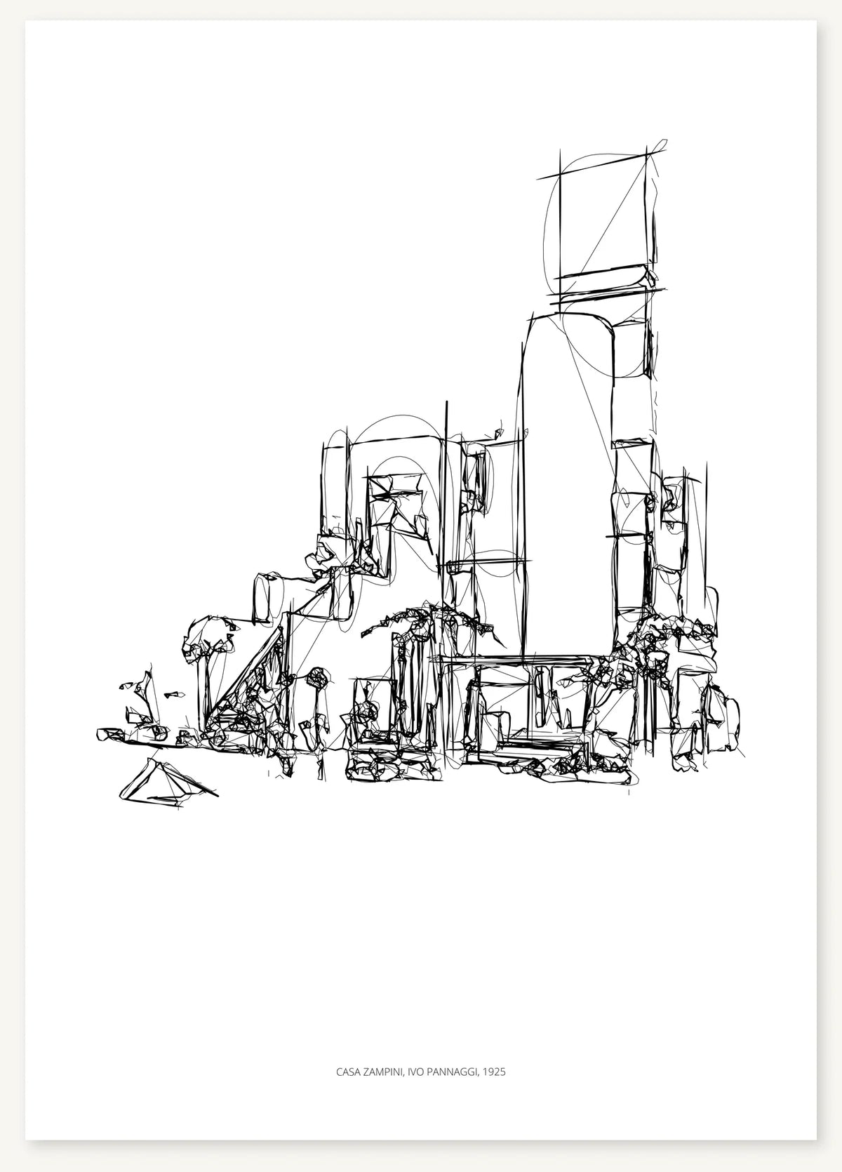 Black-and-white architectural sketch of Casa Zampini.