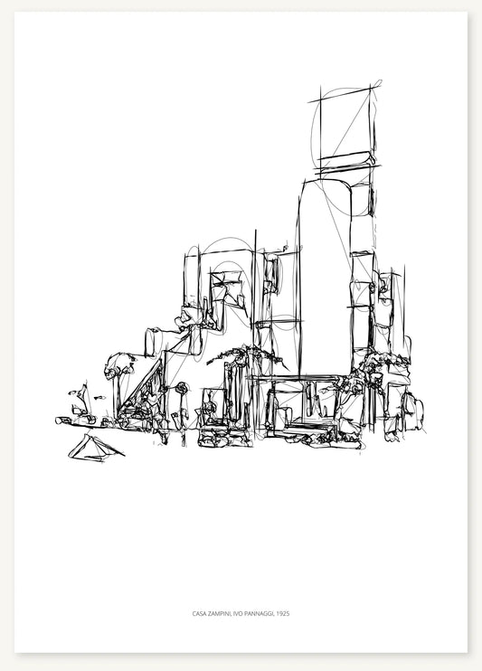Black-and-white architectural sketch of Casa Zampini.
