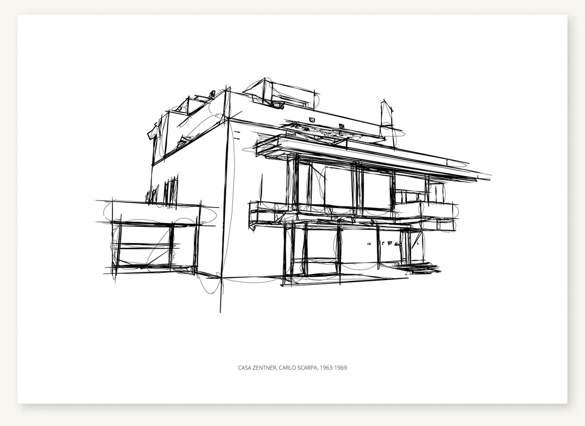 Black-and-white architectural sketch of Casa Zentner.