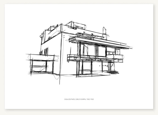 Black-and-white architectural sketch of Casa Zentner.
