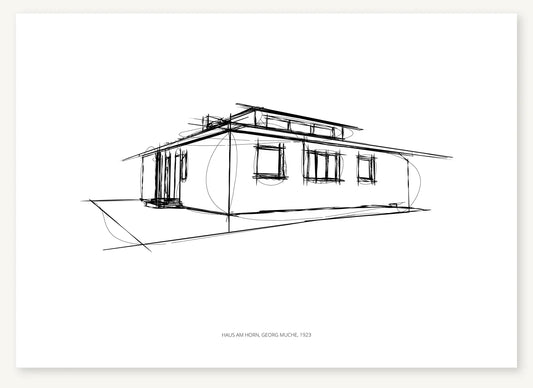 Black-and-white architectural sketch of Haus am Horn.