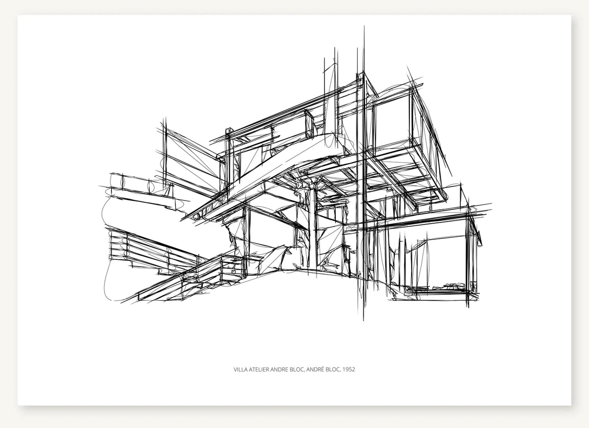 Black-and-white architectural sketch of Villa Atelier Andre Bloc.