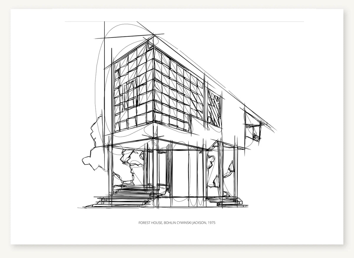Black-and-white architectural sketch of Forest House.