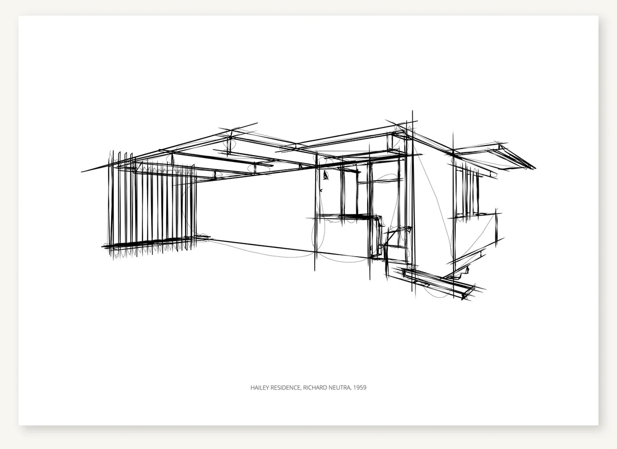 Black-and-white architectural sketch of Hailey Residence.